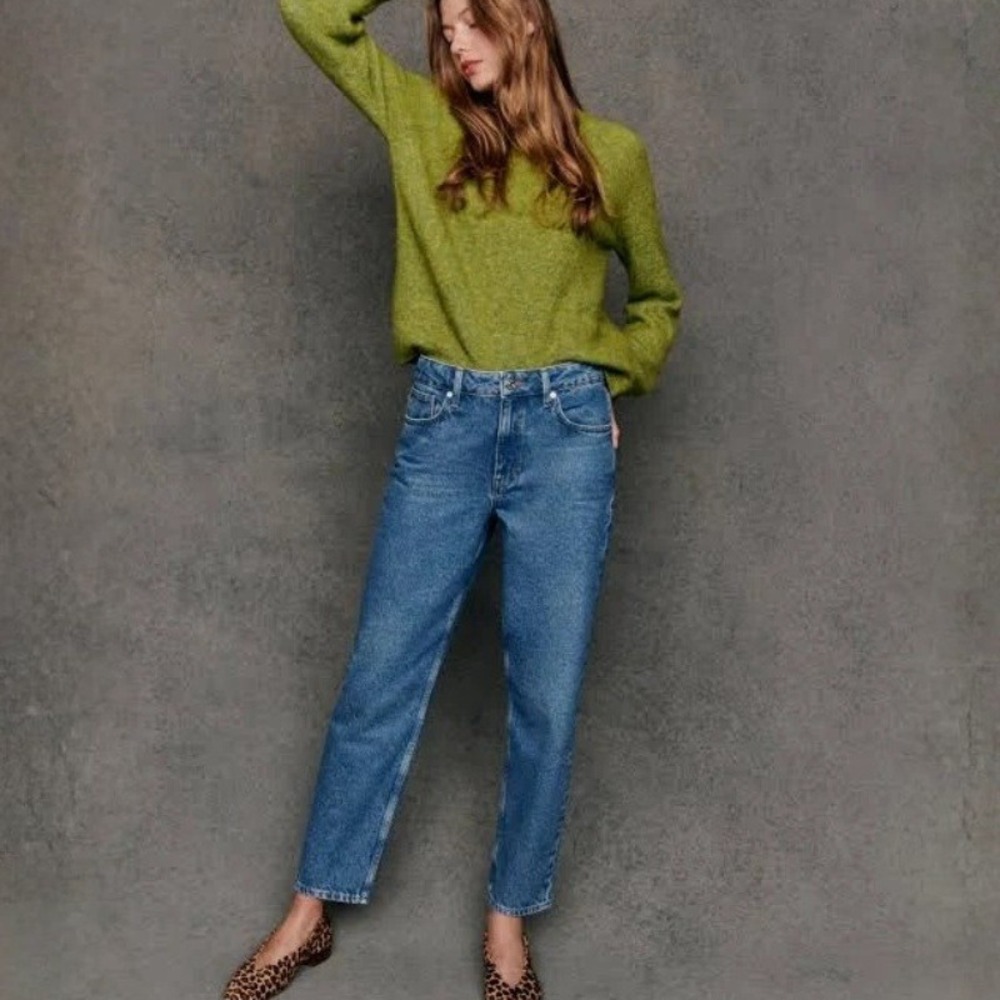 Sézane Le Mum Trousers Denim Blue High Rise Organic Cotton Tapered Size 38 US 6